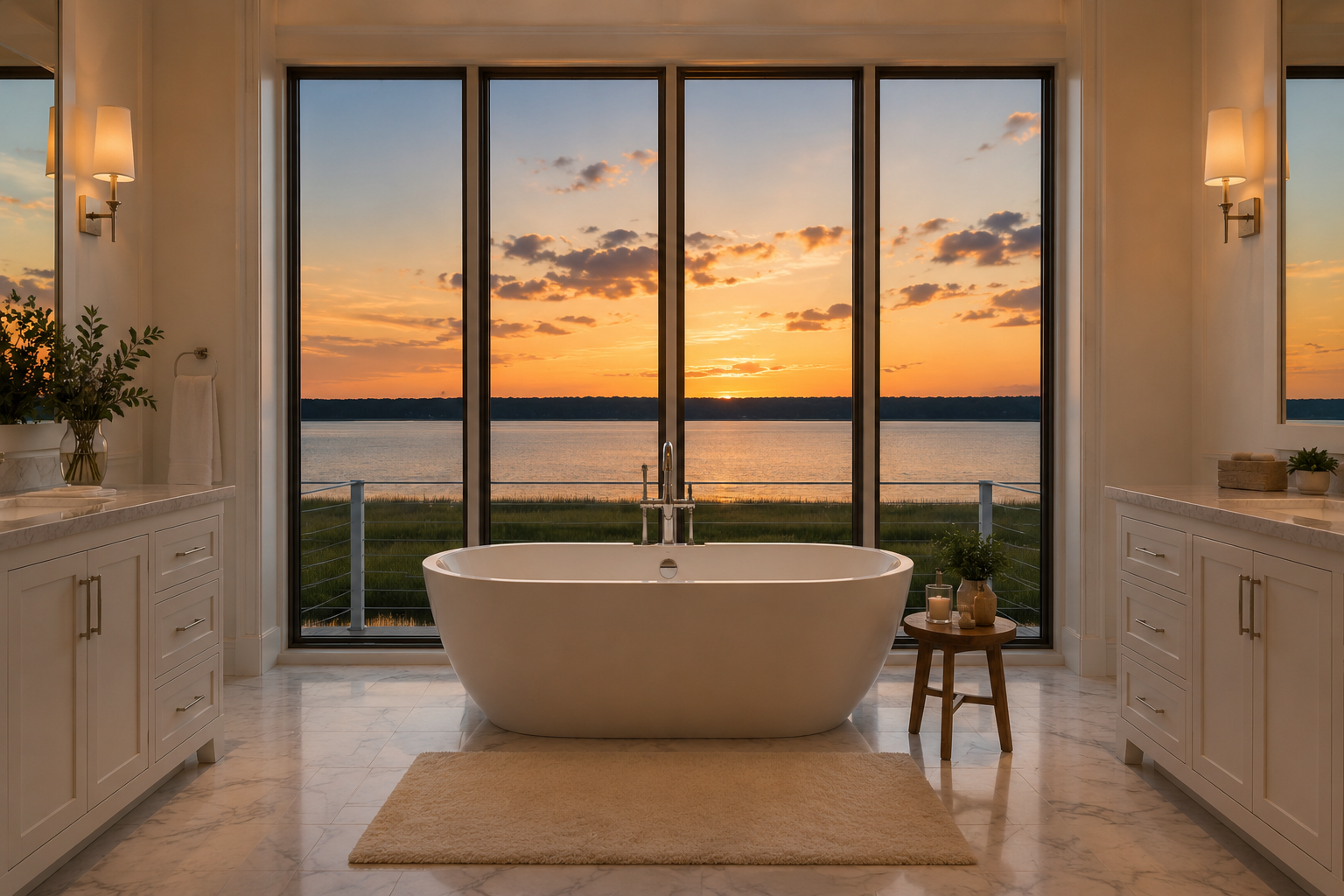 Bathroom with clear glass - sunset view