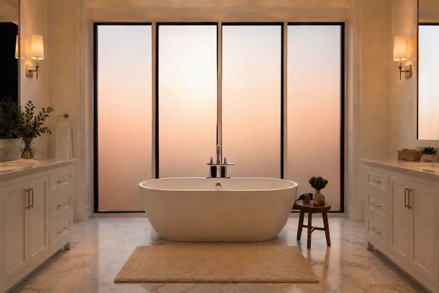 Bathroom with frosted smart film - natural light coming through